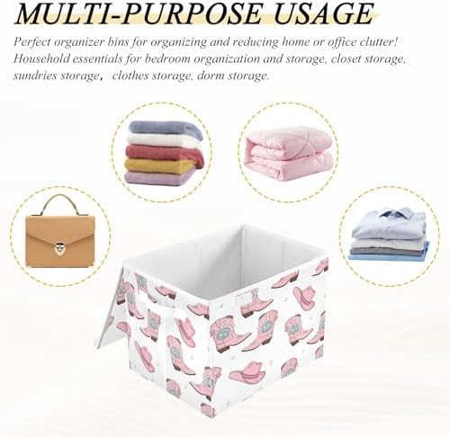 Pink Cowgirl Boots and Hats Storage Bins with Lids Foldable Storage Basket with Handles Collapsible Large Fabric Organizer Containers for Clothes Shelves Closet Office Home