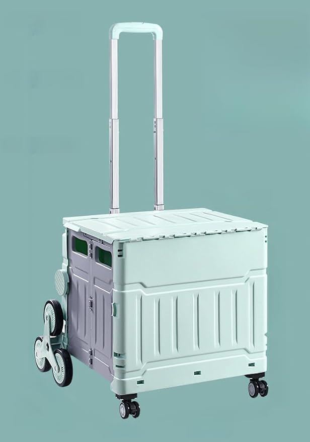 Collapsible Shopping Box Trolley on Wheels with Lid,75L Large Capacity Folding Portable Rolling Crate Handcart with Telescopic Handle for Camping (Green,Eight Wheel Large)