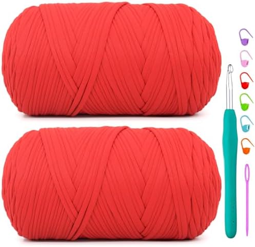 2 Pack Tshirt Yarn for Crochet,Red T Shirt Soft Elastic Fabric Chunky Thick T-Shirt Crochet Yarn for Crocheting Knitting Beginner Hand Knitting Bag/DIY Craft/Home Decor 2 * 400G-Red