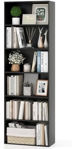 Giantex 6-Tier Bookcase, 70" Tall Wooden Bookshelf, Freestanding Storage Organizer w/Open Shelves, Anti-Tipping Kits, Modern Floor Standing Display Shelves for Living Room, Bedroom (1,Black)