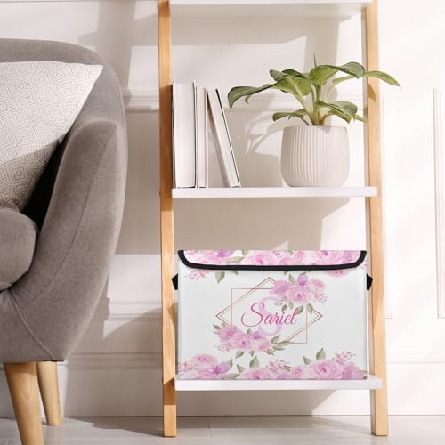 Pink Floral Storage Bin with Lid Personalized Storage Baskets for Organizing Foldable Closet Organizers with Handles,Cute Basket for Boys Girls for Clothes Blanket Pet Dog Toy Basket Storage (1 Pack)