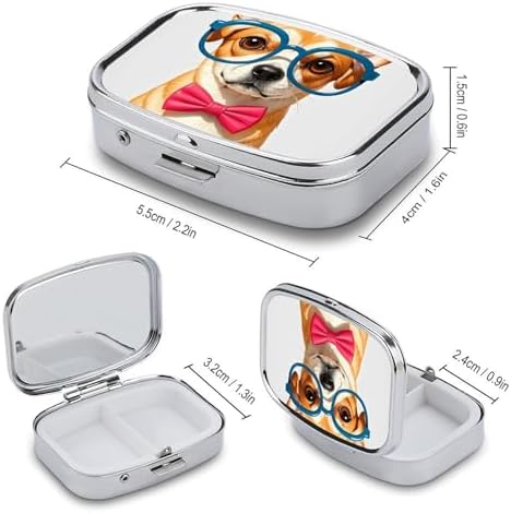 Pet Dog Soft Bow Tie, Oversized Glasses Pill Case Portable Pill Organizer with 2 Compartment Moisture Proof Metal Travel Pill Box Medication, Fish Oil and Supplements