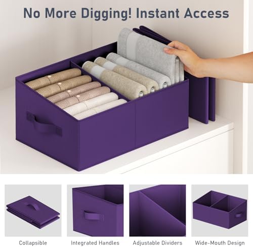 DIMJ Large Closet Shelf Organizer Bins 8 Packs with Handles and Divider, Fabric Trapezoid Storage Baskets, Foldable Clothes Containers Box for Shelf, Towel, Book, Toy, Purse, Hats, Purple