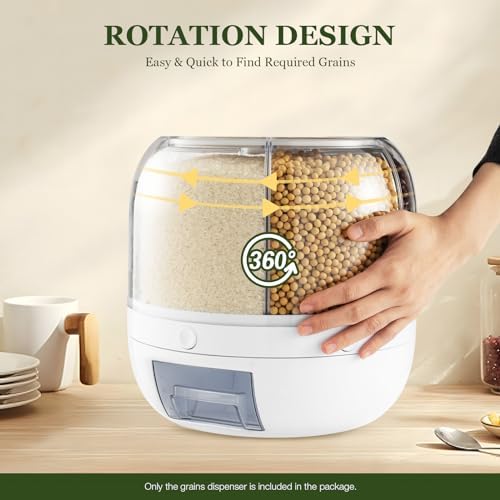 Grain Dispenser 360° Rotating Rice Dispenser 6 Grids Container Round Multigrain Grain Storage Tank for Home Kitchen Dry Food Dispenser for Peanut,Barley,Millet and Cereal
