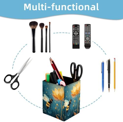 Bee Pen Holder for Desk Decor, Rectangular PVC Leather Pencil Cup for Desk Pen Organizer, Makeup Brush Holder for School, Home, Office