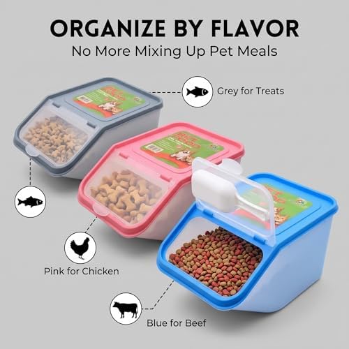 3-Pack Airtight Pet Food Storage Container Set, 3000ML Small Dog Cat Food Bin with Scoop, 10" x 6.7" Clear Kibble Container with Sealing Ring, Moisture-Proof Treat Organizer - Blue, Pink, Grey