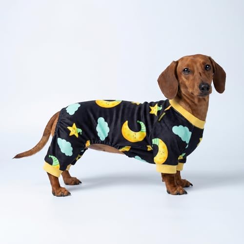 Fitwarm Moon and Stars Dog Fleece Pajamas, Cozy Winter Clothes for Small Dogs Boy Girl, Funny Pet Outfit, Black, Yellow, Small