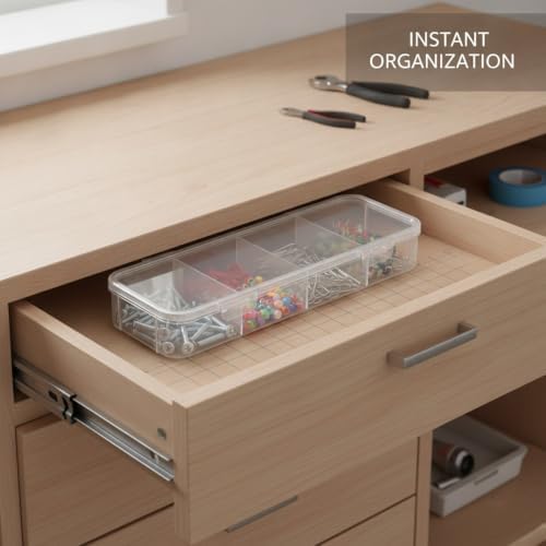 White PET Plastic Drawer Organizer Box with Clear Lid, Compartment Storage for Hardware, Beads & Office Supplies, 10.16 x 3.74 x 1.61 Inches