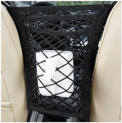 Car 3-Layer Car Mesh Organizer, Stretchable Seat Back Net Storage Pouch Pet Kids Barrier for Driving Safely, Automotive Driver Cargo Tissue Handbag Netting Holder Pocket, Universal Fit