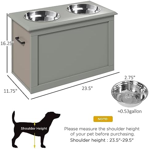Elevated Dog Feeder with Storage 2 Stainless Steel Bowls Stand for Large Dogs Raised Feeding Station for Joint & Spine Health MDF Frame in Neutral Gray Pet Food Organizer