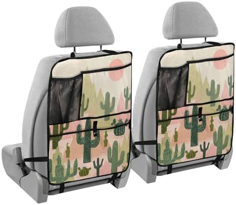 2 Pack Back Seat Car Organizer with Storage Pockets Kick Mats Back Seat Protector Hanging Car Organizer Automotive Seat Back Cover Organizers Boho Cacti Mountains Sun