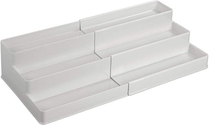 mDesign Plastic Expandable 3-Tier Shelf Rack Organizer - Storage for Bathroom Vanity, Cabinet, Cupboard, Drawer - Holds Medicine, Vitamins, Supplements, Cosmetics - Ligne Collection - Light Gray
