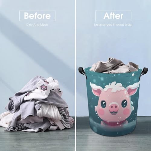 Laundry Hamper with Handle Snow Pets Laundry Basket Waterproof Dirty Clothes Hamper Circular Organizer Basket Portable Storage Bin Decorative Basket for Living Room Kitchen Bathroom Car