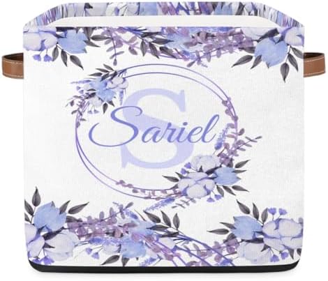 Personalized Storage Baskets for Organizing, Foldable Storage Bins with Handles Custom Cute Basket for Boys, Girls, Pet, Clothes, Blanket, Bedroom Nursery Toy Storage Gift,13 x13 x13 In, Purple Floral