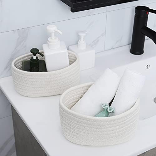 【2 Pack】 ABenkle Small Storage Baskets, Natural Cotton Rope Woven Baskets for Organizing, Tiny Oval Storage Easter Baskets, Small Basket, Cat Dog Toy Baskets, Bathroom Organization Bin