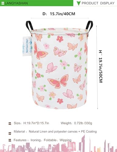 Round Laundry Basket Collapsible Storage Hamper Organizer Pink Butterfly | Waterproof Canvas Foldable Baskets with sturdy Handles Multi-scene Organizer for Home Play Bedroom Gift Bin