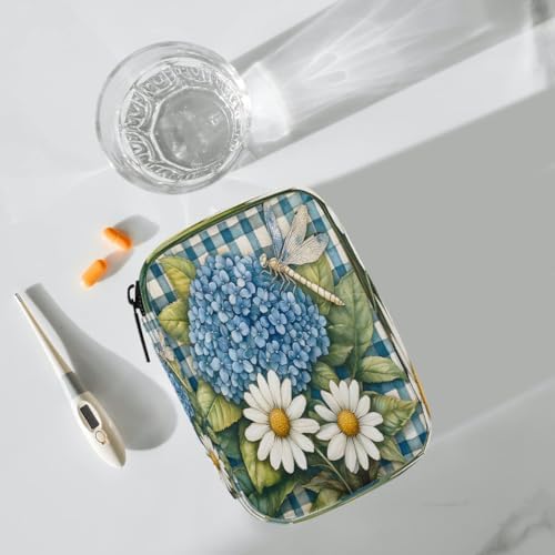 Pill Organizer Box Flowers Blue Plaid Dragonfly 7-Day Weekly Medicine Pill Case Travel Pill Container Portable Pill Holder Storage Purse Bag Small Compact Size for Vitamin Supplement Birth Control