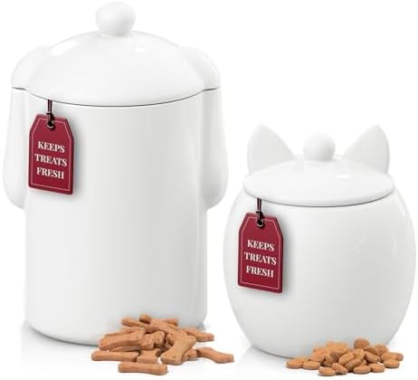 Barnyard Designs Airtight Ceramic Pet Treat Jar Set of 2 White (Dog & Cat) | Rustic Storage Canisters with Airtight Lids for Kitchen Counter; Holds Biscuits, Snacks, or Kibble; Farmhouse Decor