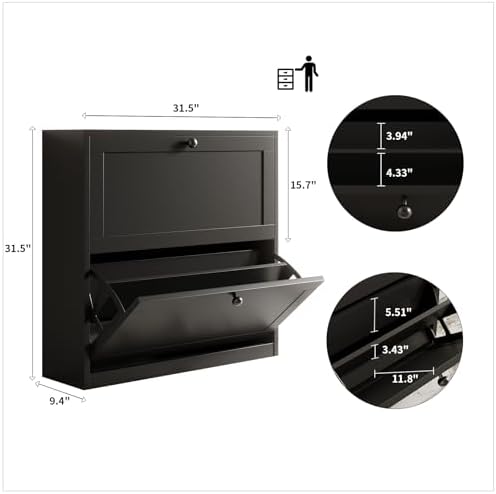 VOWNER Shoe Cabinet with 2 Flip Drawers, Freestanding Shoe Storage Cabinet with Adjustable Shelf & Anti-Tipping Device, Shoe Rack for Entryway, Hallway, Living Room (Black)