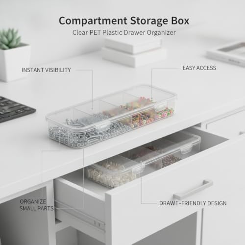White PET Plastic Drawer Organizer Box with Clear Lid, Compartment Storage for Hardware, Beads & Office Supplies, 10.16 x 3.74 x 1.61 Inches