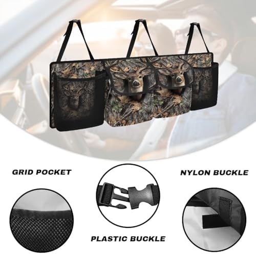 Deer Theme Hanging Organizer for Car Trunk Auto Back Seat Storage Bag with 2 Pockets 2 Mesh Pouches Collapsible Detachable Automotive Interior Accessories