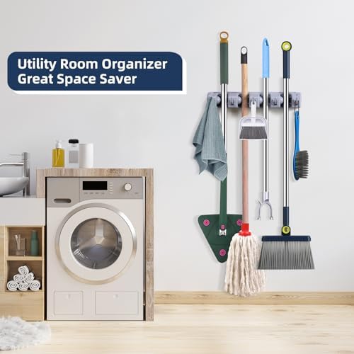 Mop And Broom Holder Wall Mount Cleaning Supplies Organizer For Closet | Laundry Room Garden Tool Hangers For Garage Wall Hanging Rack Utility Shop Organization And Storage