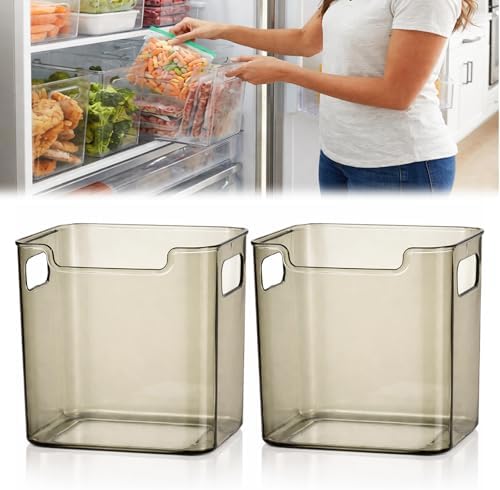 Crystal Clear Freezer Storage Bins, Clear Plastic Bins Stackable Pantry Drawer Plastic Organizers Containers with Handle for Refrigerator Fridge Cabinet Kitchen Countertops Cupboard (Green S, 2Pcs)