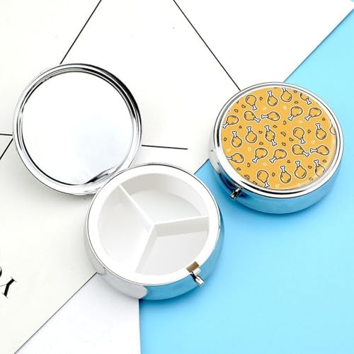Pill Case with Mirror Crispy Fried Chicken Round 3 Compartment, Portable Pill Box for Purse Travel Medication
