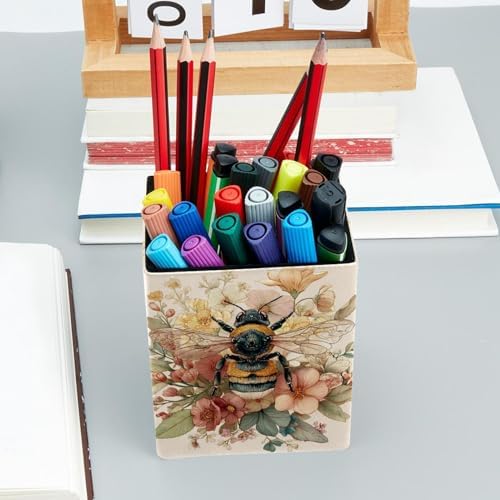 Bee Pen Holder for Desk Decor, Rectangular PVC Leather Pencil Cup for Desk Pen Organizer, Makeup Brush Holder for School, Home, Office