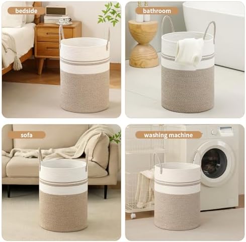 Laundry Basket Hamper Tall Rope Storage Woven for Blanket toys Dirty Clothes in Living Room Bathroom Bedroom (Brown&White, 60L/15.8Gal)