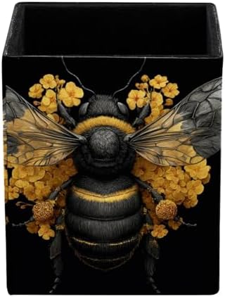Bee Pen Holder for Desk Decor, Rectangular PVC Leather Pencil Cup for Desk Pen Organizer, Makeup Brush Holder for School, Home, Office
