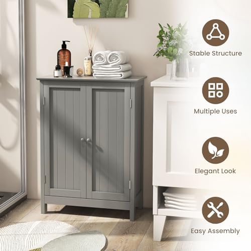 COSTWAY Bathroom Storage Cabinet, Freestanding Bathroom Organizers and Storage with Doors & Adjustable Shelf, Wooden Floor Cabinet for Home, Living Room, Entryway, Kitchen (Grey) | Storage with Doors & Adjustable Shelf, Wooden Floor Cabinet for Home, L...
