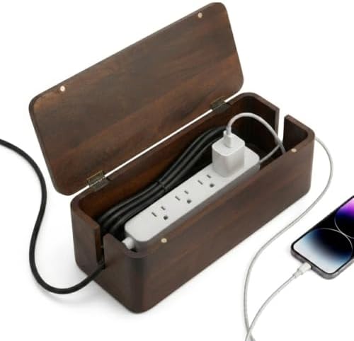 Cable Management Box – Power Strip Organizer – Desk Cord Organizer to Hide Wires & Chargers – Cable Storage Box for Home, Office Desk & Floor Cable Organization (Dark Walnut)