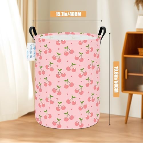 Round Laundry Basket Collapsible Storage Hamper Organizer Pink Cherry | Waterproof Canvas Foldable Baskets with sturdy Handles Multi-scene Organizer for Home Play Bedroom Gift Bin