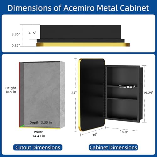 ACEMIRO 16x24 Inch Mirror Medicine Cabinet for Bathroom Gold Metal Frame Bathroom Medicine Cabinet with Mirror Recessed or Wall Mounted
