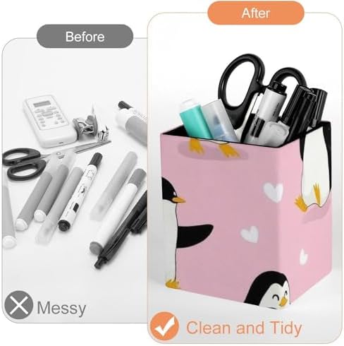 Square Pen Holder Waterproof Multifunctional Desk Organizer For Office Home Cute Cartoon Penguin And Heart Pink