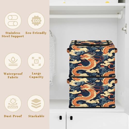 Japanese Dragon Animal Storage Bins with Zipper Lid Foldable Fabric Organizer Box with Handles Rectangular Closet Clothes Organizer Containers