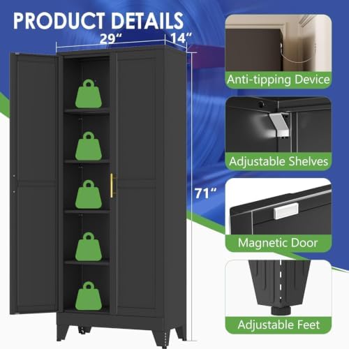 71" Metal Garage Storage Cabinet with 2 Doors, 4 Adjustable Shelves