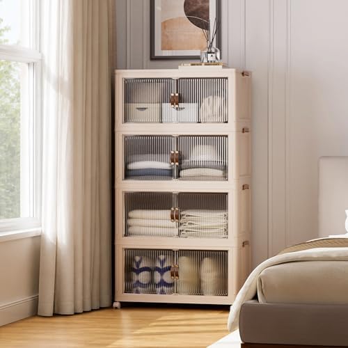 SAILUN 580Qt Stackable Storage Bins,Storage Cabinet a Lid,4Pack Blush White