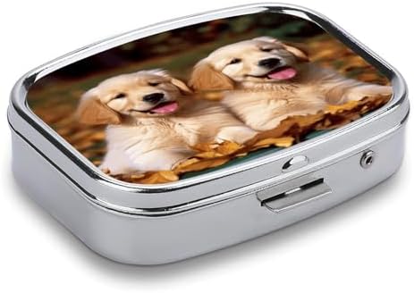 Golden Retriever Dogs Puppies Pets Pill Case Daily Square Small Medicine Case Vitamin Organizer Box 2 Compartments Portable Metal Travel Medicine Box for Vitamins Fish Oils Supplements