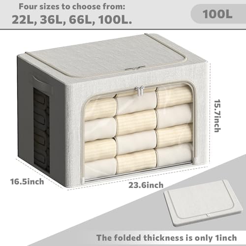 FHSQX 6 Pack Clothes Storage Bins with Metal Frame 100L Foldable Storage Bins for Clothes Linen Fabric Storage Box with Clear Window (Lvory White, 23.6x16.5x15.7inch(100L))