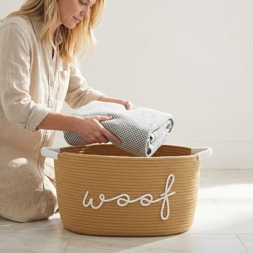 Premium Dog Toy Bin - Large Cotton Rope Pet Toy Basket with Durable Handles, Collapsible Storage Organizer for Puppy Chew Toys, Blankets and Accessories (Yellow)