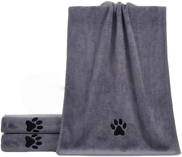 Pet Towel for Dogs and Cats, Gray, Quick-Drying Water-Absorbent Microfiber, 38x19 Inch with Paw Print Design