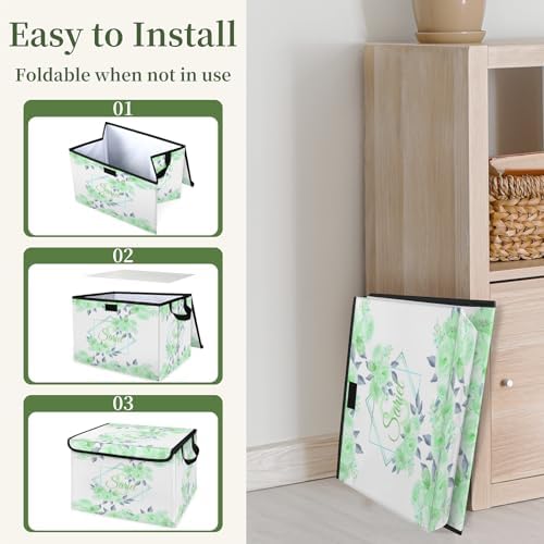 Green Floral Storage Bin with Lid Personalized Storage Baskets for Organizing Foldable Closet Organizers with Handles,Cute Basket for Boys Girls for Clothes Blanket Pet Dog Toy Basket Storage (2 Pack)