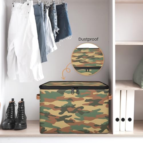 Green Camouflage Storage Box with Zipper Lid | Collapsible, Fabric, Storage Bin, Handle, Large, Closet Organizer, Containers, Bedroom, Home, Green Camo