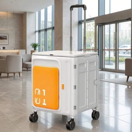 Rolling Crate with Lid Foldable Rolling Crate Lightweight Trolley with Lid for Camp, White Gray