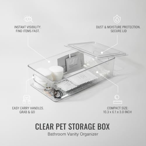 Clear PET Storage Box with Handle & Lid, 10.3 x 6.1 x 3.0 Inch Transparent Organizer for Bathroom Vanity, Desktop, or Shelf (1 Pack)