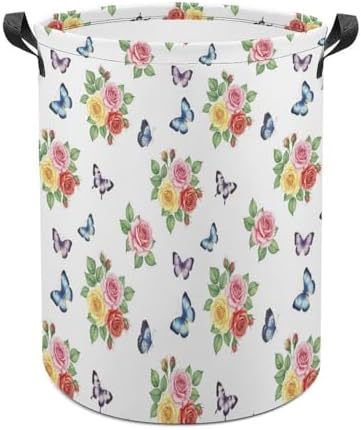 Foldable Clothes Hamper with Handles Flower Shabby Chic Roses Buds Leaves Tulips Floral Butterfly, Waterproof Laundry Basket for Bedroom, Bathroom, and Toy Storage Needs