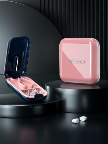 Pill Cutter | Best Cutter for Small or Large Pills |with Safety Lock Buckle Design in The USA| Cuts Vitamins | Pill Splitter Detachable Silicone pad Easy to wash with Crystal Pill Box (Navy)