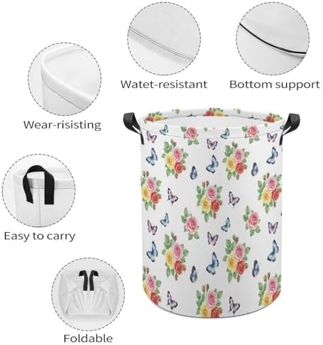 Foldable Clothes Hamper with Handles Flower Shabby Chic Roses Buds Leaves Tulips Floral Butterfly, Waterproof Laundry Basket for Bedroom, Bathroom, and Toy Storage Needs